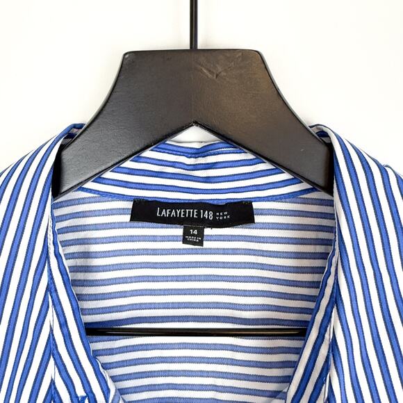 Lafayette 148 New York Blue White Stripe Button Up Shirt Cotton - Size 14 - Picture 3 of 10